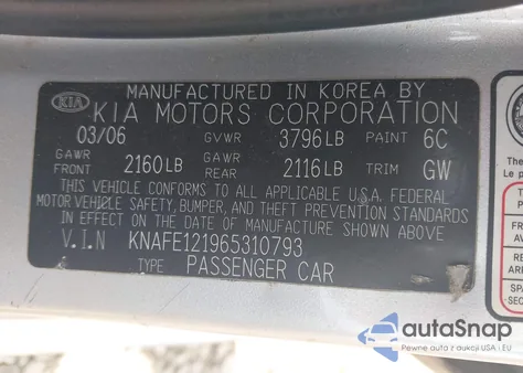 2006 Kia Spectra Ex/Lx/Sx z USA, uszkodzony, nr VIN KNAFE121965310793